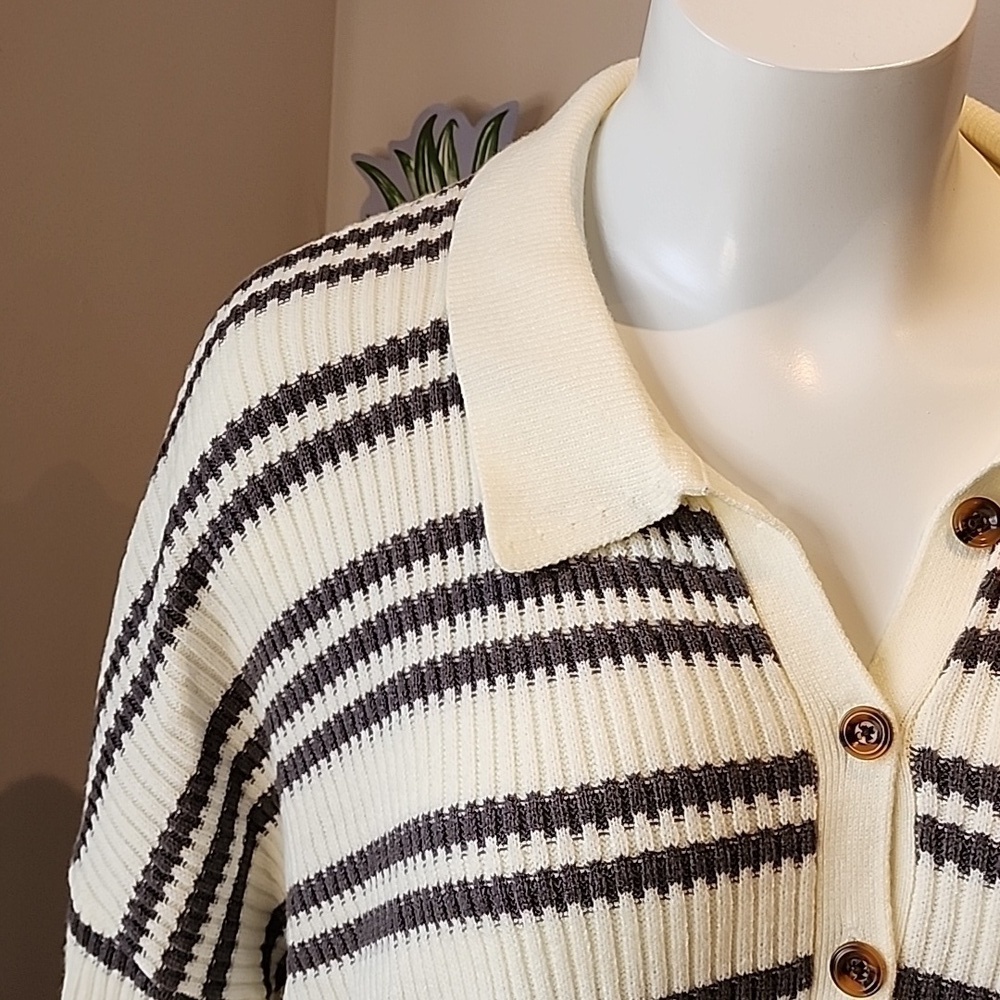 Torrid - Pullover Collared Button Front Sweater in Grey Stripe​​​​​​​​ - Picture 3 of 13